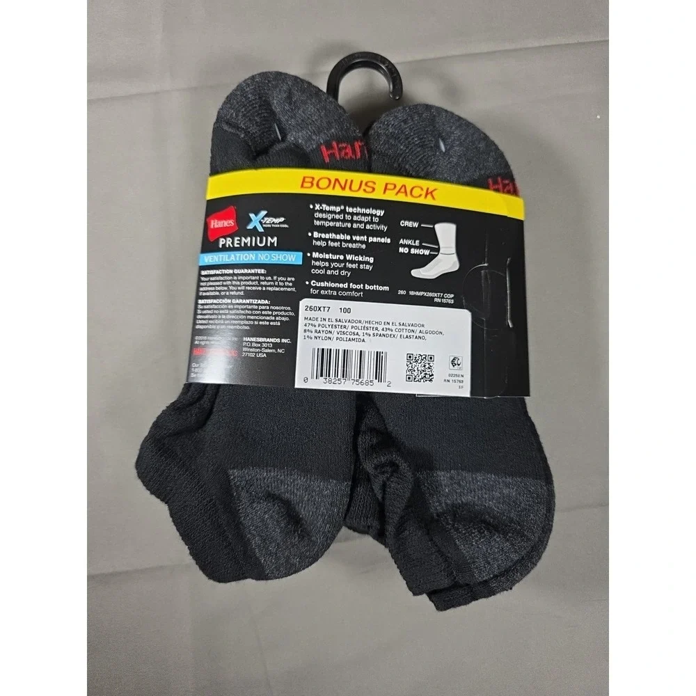 Hanes Premium X-Temp Ventilation Socks 6-12 Men's - Black, Pack of 7